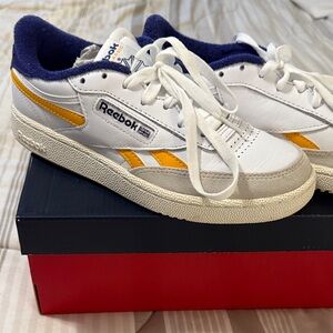 Vintage Reebok Classic Kicks - White Leather with Purple and Gold accents